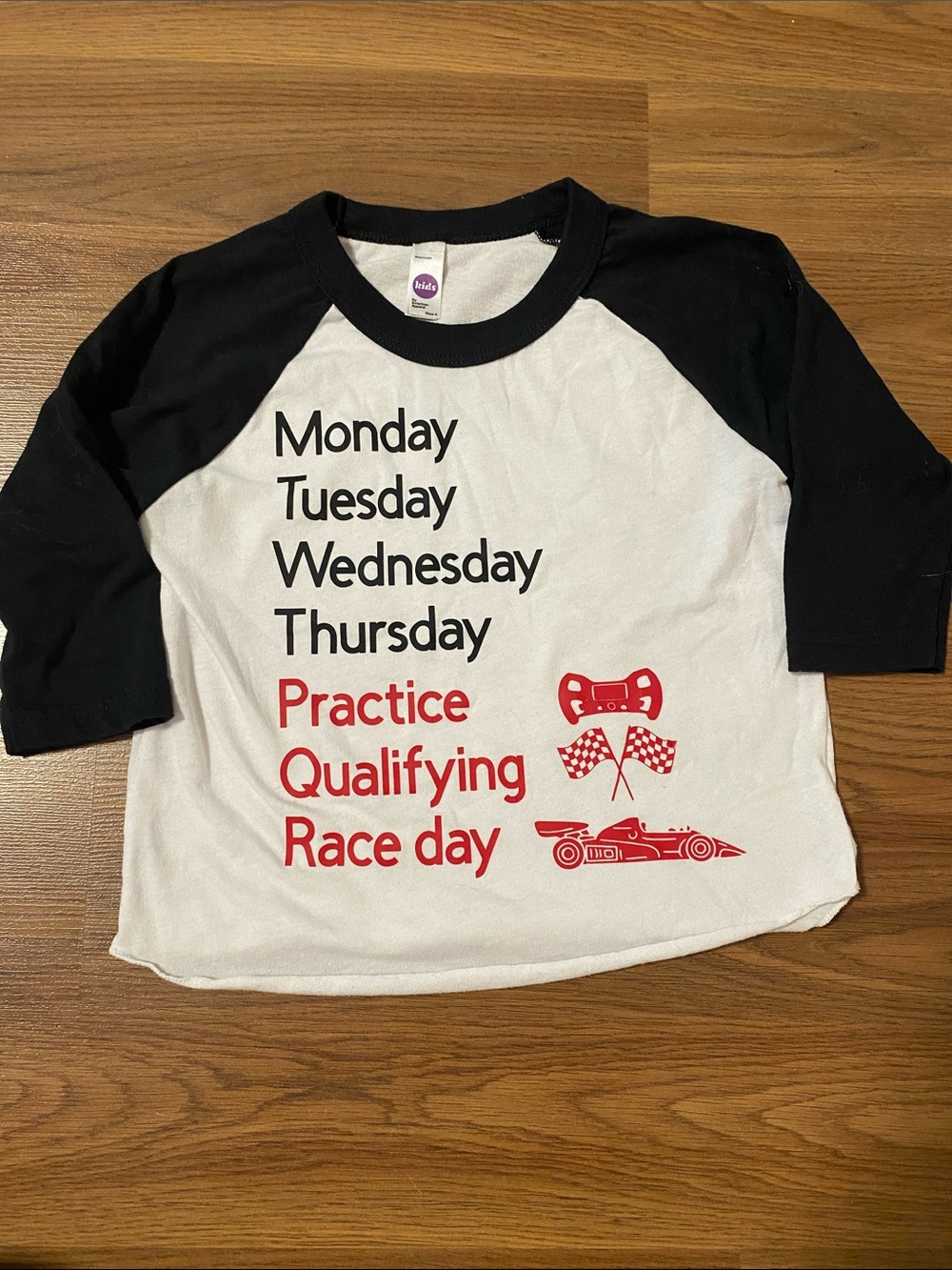 ✨8/$10. Black & White Racing Day Kids Raglan Shirt. Size 4